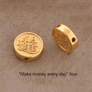 Gold Plated over Sterling Silver Flat Round Bead, Wealth Bead, Success Bead, Treasure Bead,Bracelet Spacer,Money Bead,Four Holes Riches Bead