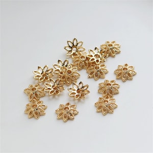 14K Gold Plated Brass Hollow Flower Bead Caps, 10mm Floral Bead Caps, Gold Tone Floral Bead Caps For Jewelry Making, Bulk Spacer Bead Cap