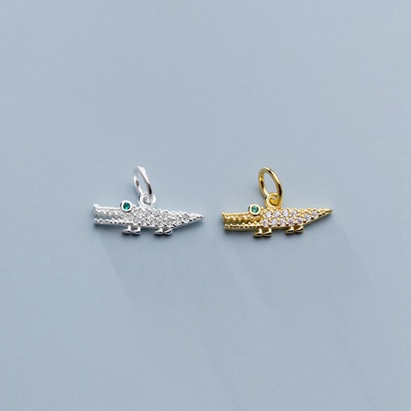 Sterling Silver CZ Crocodile Charm Pendant, Safari Bracelet, Wildlife Necklace, Reptile Earring, Wild Animals Jewelry, Danger Charm