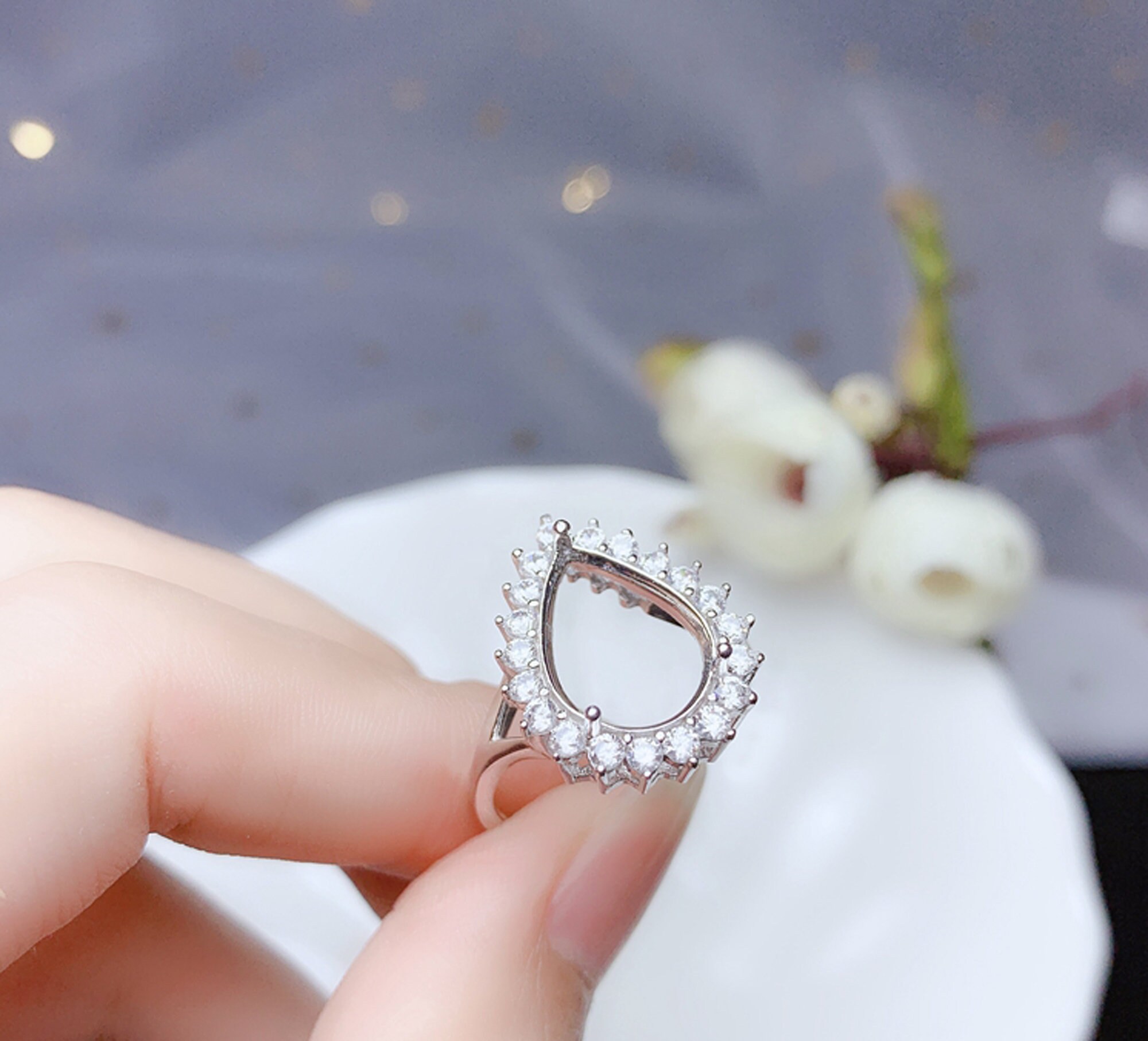 【EEUN】Silver Drop ring Sterling Silver Drop Ring Setting, Drop Ring Head, 925