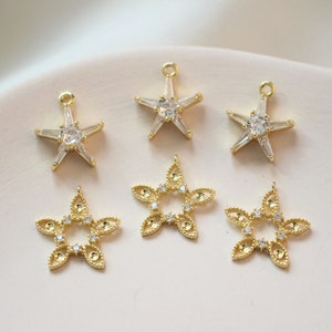 18K Gold Plated CZ Star Charm, Gold Tone Five Petal Flower Charm for Jewelry Making Supplies, Floral Charm, Necklace Charm, Earring Charm