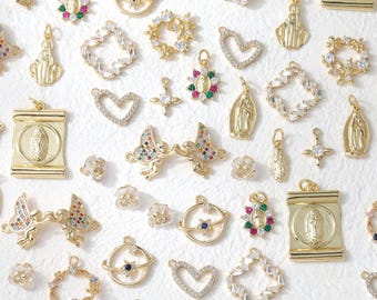 14K Gold Plated Charm Pendants, Virgin Mary, Angel, Planet, Flower, Rosary Jewelry