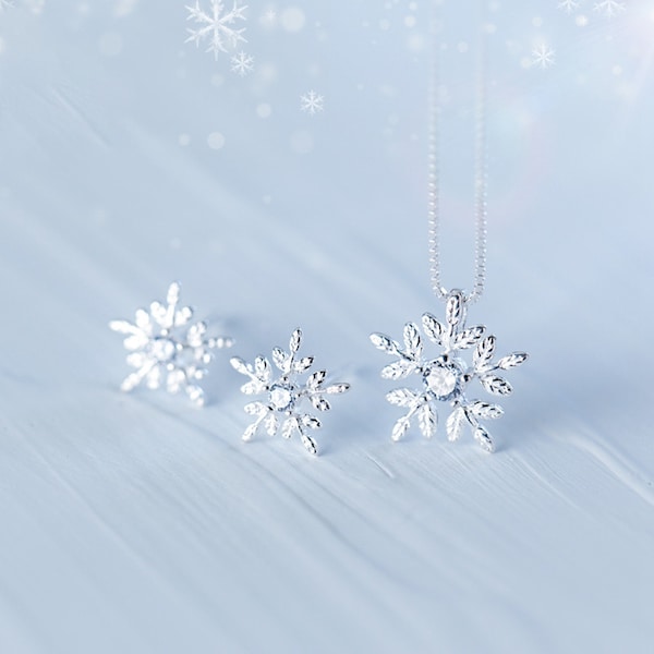 Sterling Silver Snowflake Jewelry, 925 Silver Snowflake Earring Posts, CZ Zircon Ear Stud without Stopper,Snowflake Charm,Snowflake Necklace