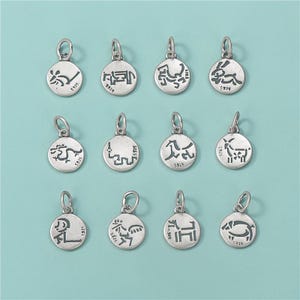 Puede incluir: Un conjunto de doce dijes metálicos circulares de tono plateado, cada uno con una figura animal grabada que representa el zodiaco chino. Cada dije incluye una pequeña argolla en la parte superior y tiene grabado el texto S925.