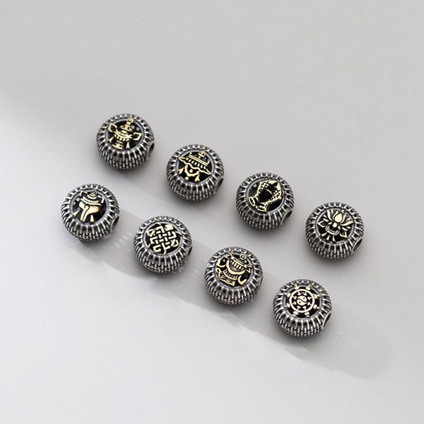 Sterling Silver Eight Auspicious Symbols Beads, 925 Silver Tibetan Flat Round Beads, Prayer Bead, Buddhism Bead, Mala Bead, Ritual Spacer