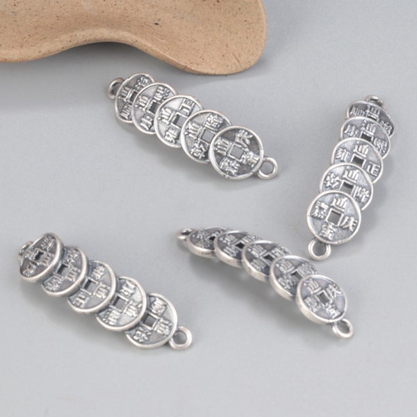 Sterling Silver Antique Jiaqing Coin Connector Charms, Qing dynasty coin Bracelet, Lucky Earring, Antique Asian Jewelry