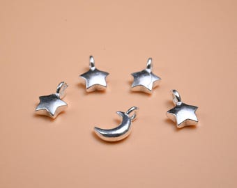 Sterling Silver Star Charm Pendant, Crescent Moon Jewelry