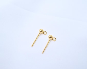 Gold Plated Sterling Silver Ball Earring Post, 3mm 4mm 5mm, Earring Component
