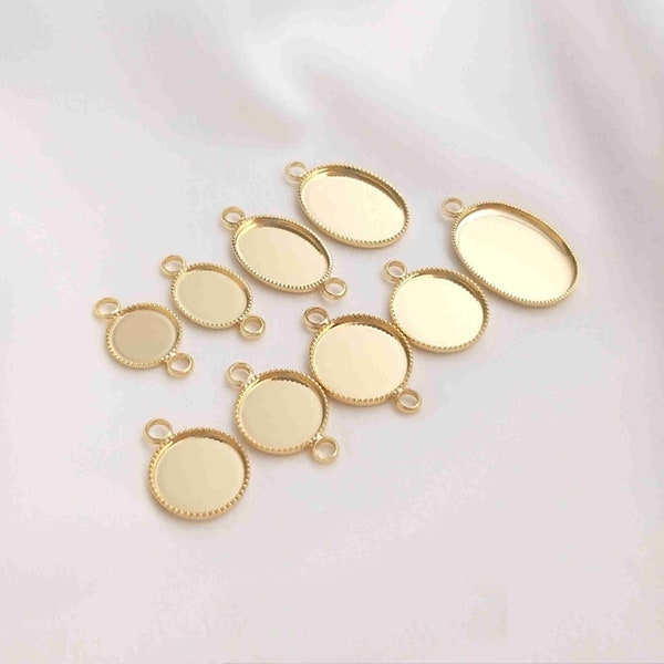 10pcs 14K Gold Plated Round Charm w/ Bezel Cup, Gold Tone Oval Blank Charms w/ Double Loops For Jewelry Making Supplies, 8mm 10mm 12mm