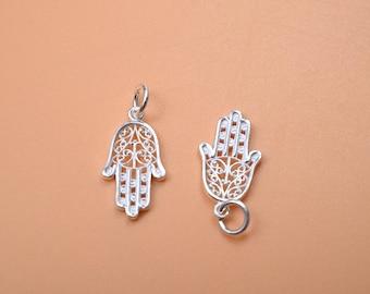 Sterling Silver Hamsa Hand Pendant, Filigree Charm for Necklace, Spiritual Jewelry