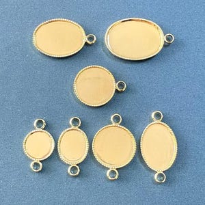 10pcs 14K Gold Plated Round Charm w/ Bezel Cup, Oval Blank Pendant w/ Double Loops,Tray Base Settings,Tray Base Connectors 8mm 10mm 12mm