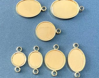 10pcs 14K Gold Plated Round Charm w/ Bezel Cup, Oval Blank Pendant w/ Double Loops,Tray Base Settings,Tray Base Connectors 8mm 10mm 12mm