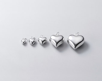 Sterling Silver Puffy Love Heart Charm, s925 Silver Smooth Heart Charms For Jewelry Making Supplies, 4mm 6mm 8mm 13mm 15mm