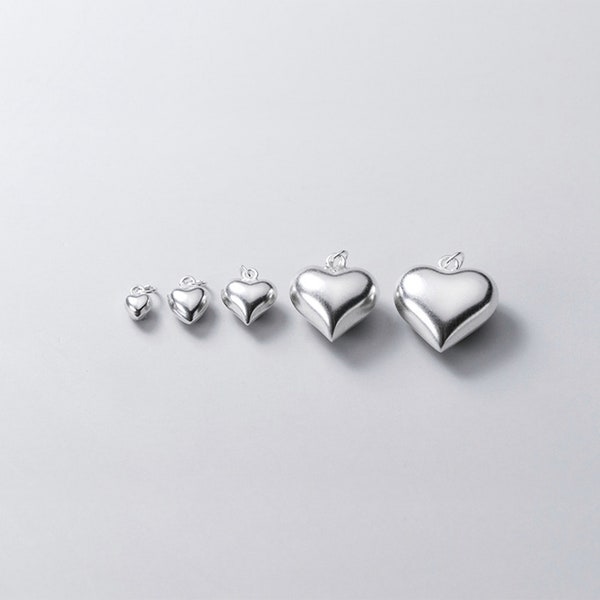Sterling Silver Puffy Love Heart Charm, s925 Silver Smooth Heart Charms For Jewelry Making Supplies, 4mm 6mm 8mm 13mm 15mm