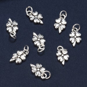 Sterling Silver Flower Charm Pendant, Botanical Jewelry (7x12mm)