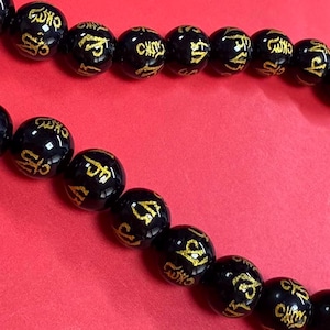 Natural Gold Words Carved Om mani padme hum Black obsidian beads 8mm 10mm 12mm 14mm Quality OM Beads  beading supplies