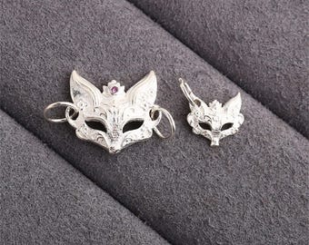 Sterling Silver Fox Mask Charm, 3D Animal Pendant, DIY Bracelet Necklace Jewelry Finding