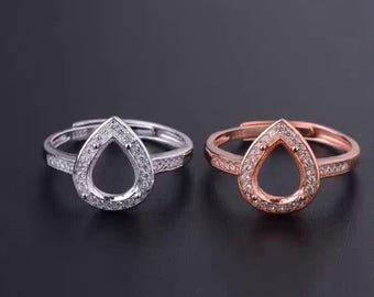 Halo-ring i sterlingsilver med droppformad infattning, art déco-bezel (7 x 9 mm)