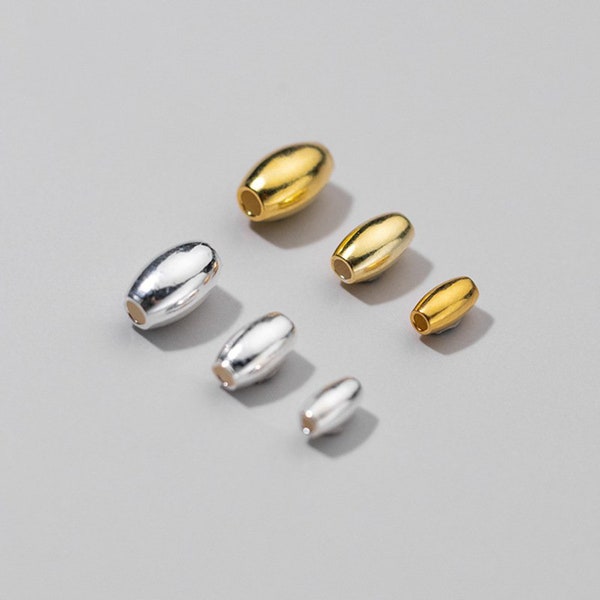 Perles ovales plaquées argent sterling / or, perles en forme de riz, perles d’espacement, perles en vrac, perles d’olive en argent 925 perle 3mm 4mm 5mm 6mm 7mm 8mm