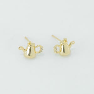 14K Gold Plated Kettle Earring Studs, CZ Tea Pot Posts