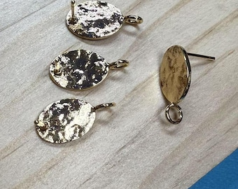 18K Gold Plated Oval Earring Posts, Hammered Disc Ear Studs