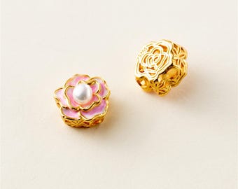 Gold Plated Sterling Silver Enamel Flower Bead with Pearl