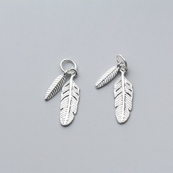 Sterling Silver Feather Charms, Double feather Charm, 925 Silver Bird Charm, Sterling earring charm bracelet charm necklace charm