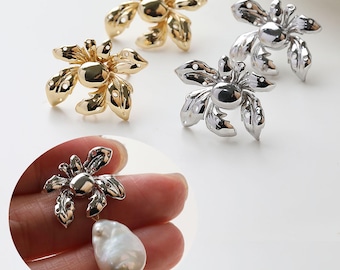 14K Gold Plated Flower Stud Earrings, Floral Blossom Design