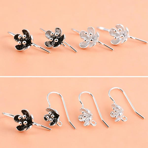 2Pairs S925 Sterling Silver Blossom Earring Hooks, Floral Ear Wire Hook, Earwire Hook, Flower Loop Earring, Flower Jewelry Making