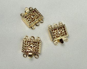 14K Gold Plated Brass Filigree Rectangle Clasp, 2-3 Strand Box Clasp (10x7mm)