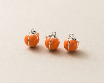 Sterling Silver Enamel Persimmon Charm Pendant, Fruit Bracelet, Food Necklace, Autumn Earring, Small Charm With Leaves, Sweet Jewelry