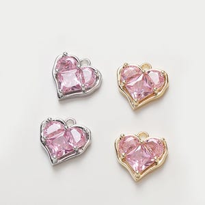 14K Gold Plated CZ Pink Zircon Heart Charm, Gold Tone Love Heart Charm for Jewelry Making Supplies, Heart Charm,Necklace Charm,Earring Charm