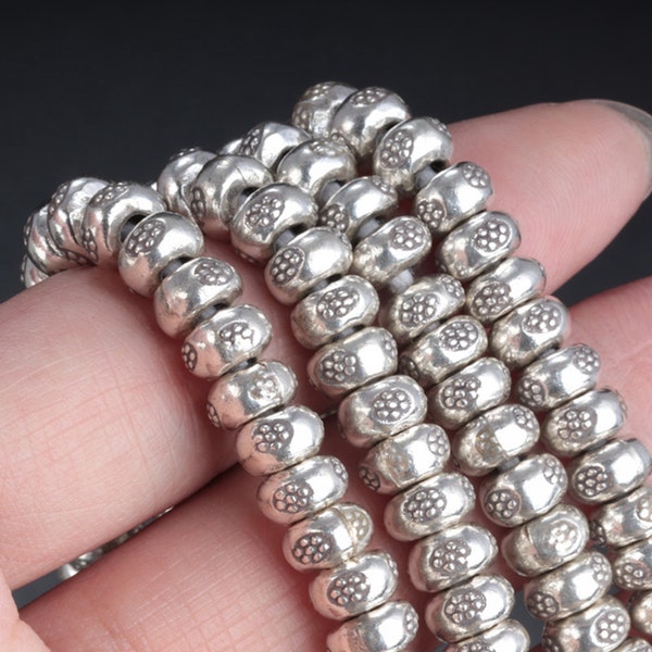 Thai Karen Hill Tribe Silber Gänseblümchen Rondelle Perlen, Silber Pony Perlen mit gestempelter Blume, Silber Blume Runde Perlen, Armband Spacer