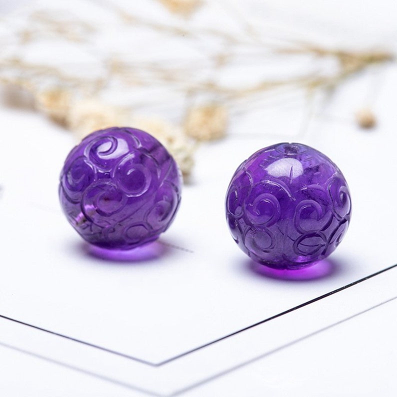 2 beads Natural amethyst carved beads, hand made carved amethyst beads 8mm /10mm / 12mm beading supplies zdjęcie 3