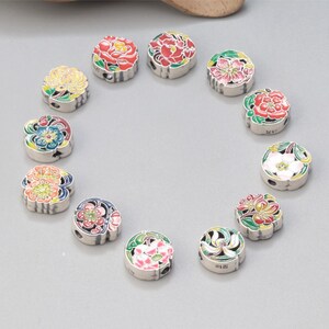 Sterling Silver Enamel Flower Beads, Lotus Bead, Peach Blossom Bead, Peony Bead, Bracelet Spacer, Plum Flower Bead,Blooming Bead,Floral Bead