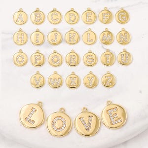 A-Z Gold Plated CZ Alphabet Round Charm Initial Charm, Metal Letter Charm for Jewelry Making Supplies, Earring Charm, Necklace Charm