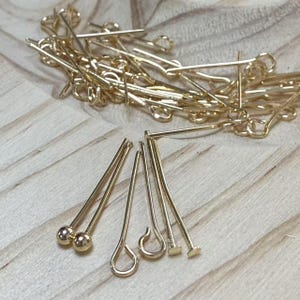 50pcs 14K Gold Plated Eye Pin Headpins, Gold Tone Eyepin, Gold Plated T-pin, Gold Tone Ball Pin for Jewelry Making 20mm 30mm 40mm 50mm