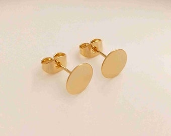 14K Gold Plated Earring Posts w/ Flat Back 6mm 8mm 10mm, Gold Tone Earring Post Ear Stud w/ Loop, Flat Pad, Stud Earrings