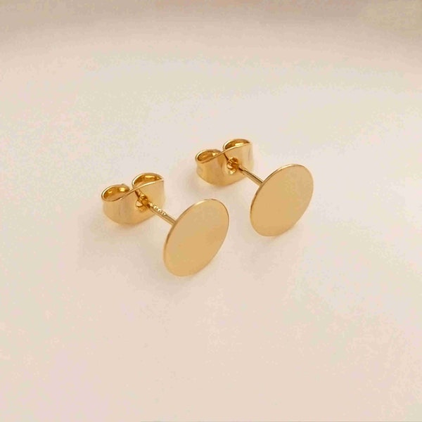 14K Gold Plated Earring Posts w/ Flat Back 6mm 8mm 10mm, Gold Tone Earring Post Ear Stud w/ Loop, Flat Pad, Stud Earrings