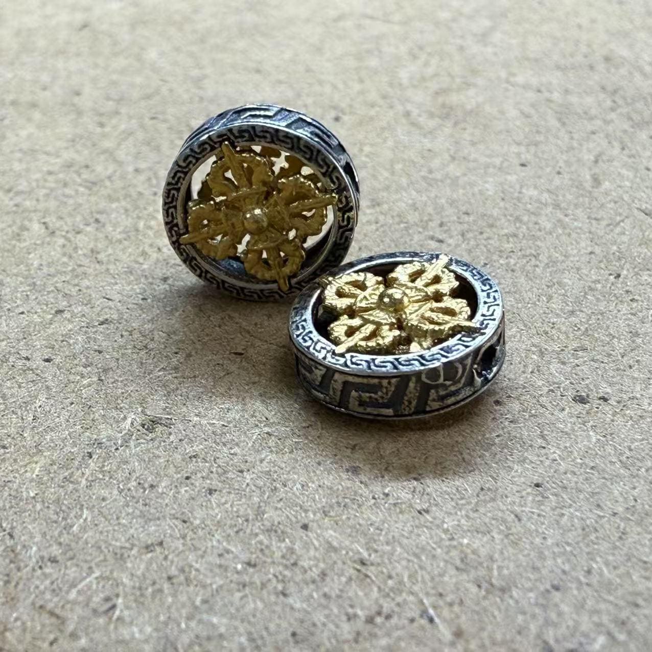 S925 Sterling Silver Double Dorje Beads,Thai Silver Buddhist Round Spacer Beads, Matte Gold Plated Tibetan Dorje Bead, Vajra Bead 15mm 10mm