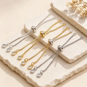 14K Gold Plated Slider Extension Chain with CZ Dangle, Adjustable Silicone Layering Box Chain Extender for Bracelet Necklace