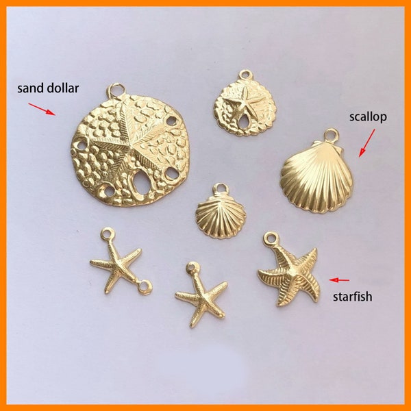 14K Gold Filled Starfish Charm, Gold Filled Scallop Shell Charms, Sand Dollar Charm, Sea Bracelet, Ocean Necklace, Marine Earring Charm DIY