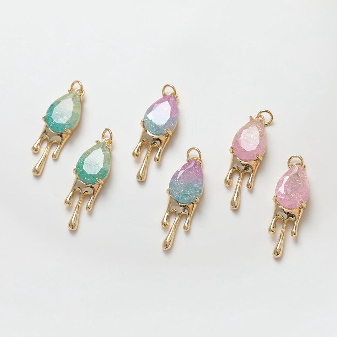 18K Gold Plated Water Drop Charm, Gold Tone CZ Glaze Water Drop Charms