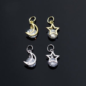 Sterling Silver Zircon Star And Moon Charm Pendant, Starry Bracelet, Celestial Necklace, Night Earring, Small Galaxy Charm, Charms In Bulk
