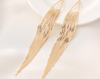 18K Gold Plated Chain Tassel Charm, Long Fringe Water Wave Chain Pendant, Statement V Shape Earring Dropper for Dangle Earring, Length 125mm
