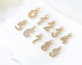 0-9 14K Gold Plated CZ Number Charm Pendant, Figure Bracelet, Digit Necklace, Counting Earring, Arithmetic Jewelry, Arabic Numerals Charm