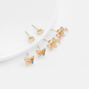14K Gold Plated CZ Snowflake Earring Post, Birthstone Butterfly Earring Stud, Six Prong Oval Ear Post, Earring Component, Earring Making