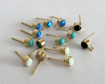 14K Gold Filled Round Earring Post with Opal/ Agate/ Turquoise Inlaid, Gold Filled Post Earring w/ Open Loop, Earring Stud Earring Component