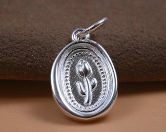 Sterling Silver Tulip Flower Oval Charm Pendant