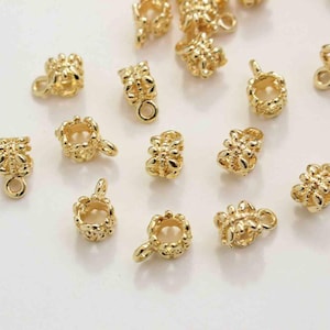 18K Gold Plated Donut Lace Beads with Bail, Gold Tone Flat Leaf Beads with Closed Loop, Large Hole Round Stopper Beads, Braclet Beads 5*9mm